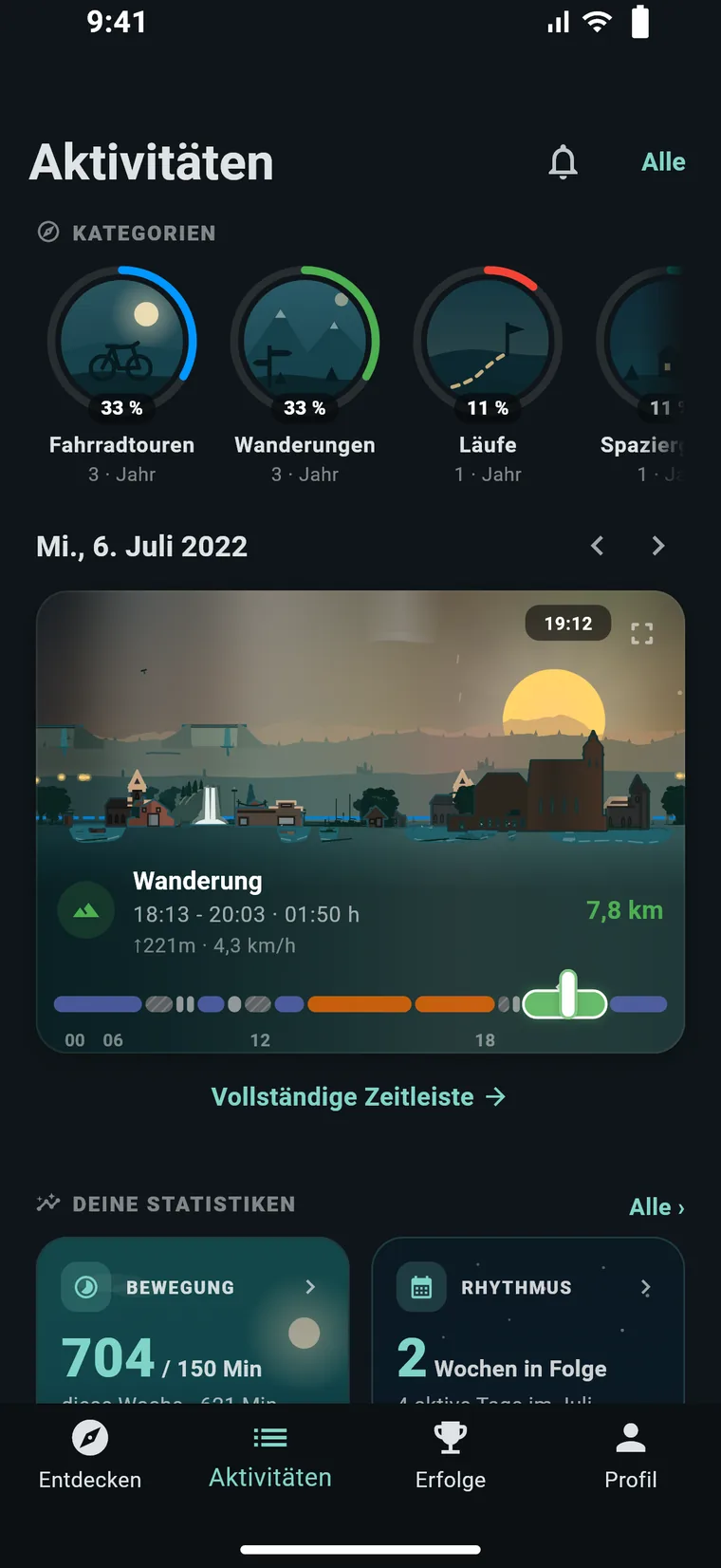 Der Aktivit&auml;ten-Tab in Experioo: Kategorien mit ihrem Anteil, der Tag als gemalte Szene mit einer Wanderung, darunter deine Statistiken.