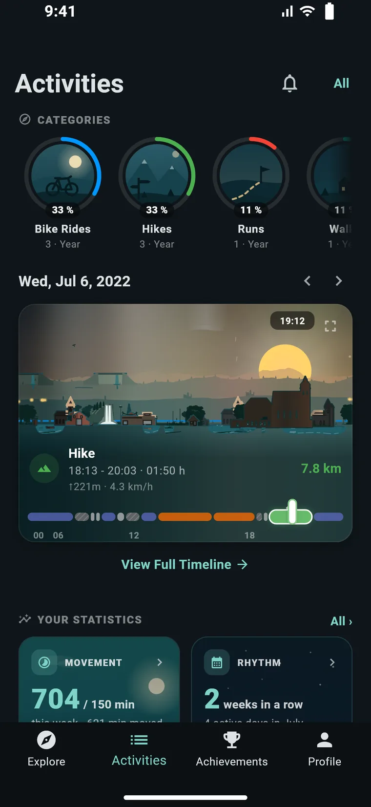 Experioo's Activities tab: activity categories with their share, the day as a painted scene with a hike, and your statistics below.