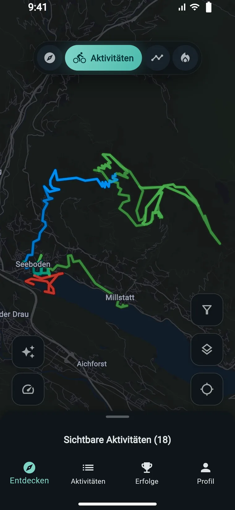 Experioo-Karte mit deinen aufgezeichneten Aktivit&auml;ten als farbige Linien rund um einen See, darunter die Liste der sichtbaren Aktivit&auml;ten.