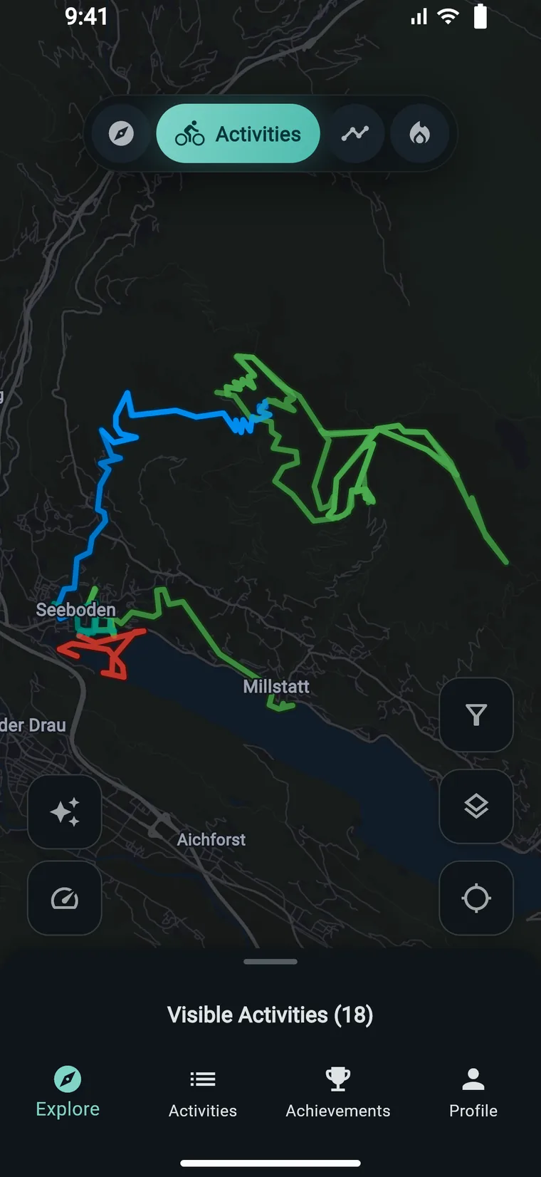 Experioo map with your recorded activities as coloured lines around a lake, with the list of visible activities below.