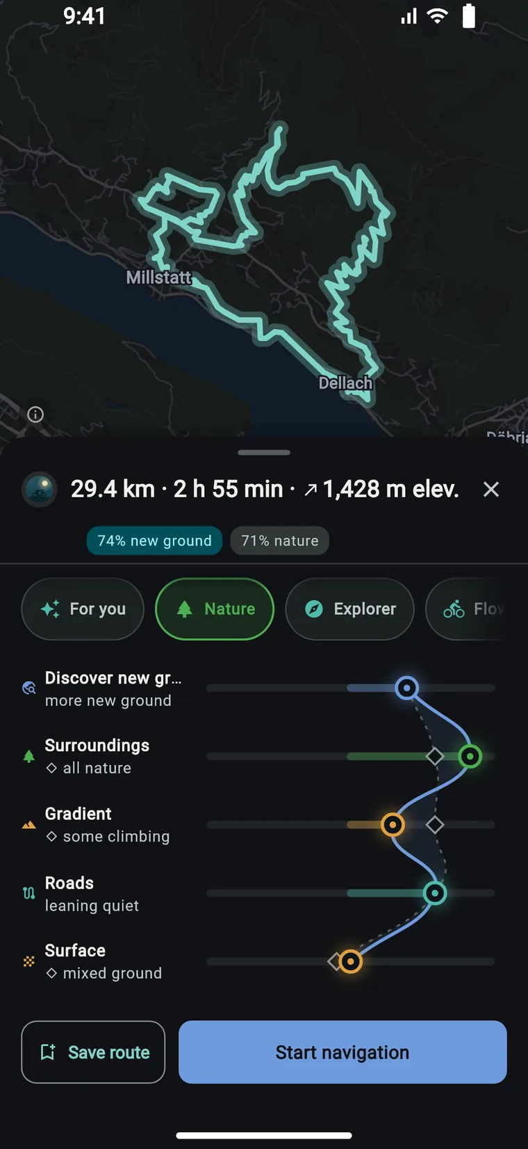 A bike loop drawn by finger on the Experioo map, with simple sliders below to tailor it &mdash; more new ground, more nature, more climbing.