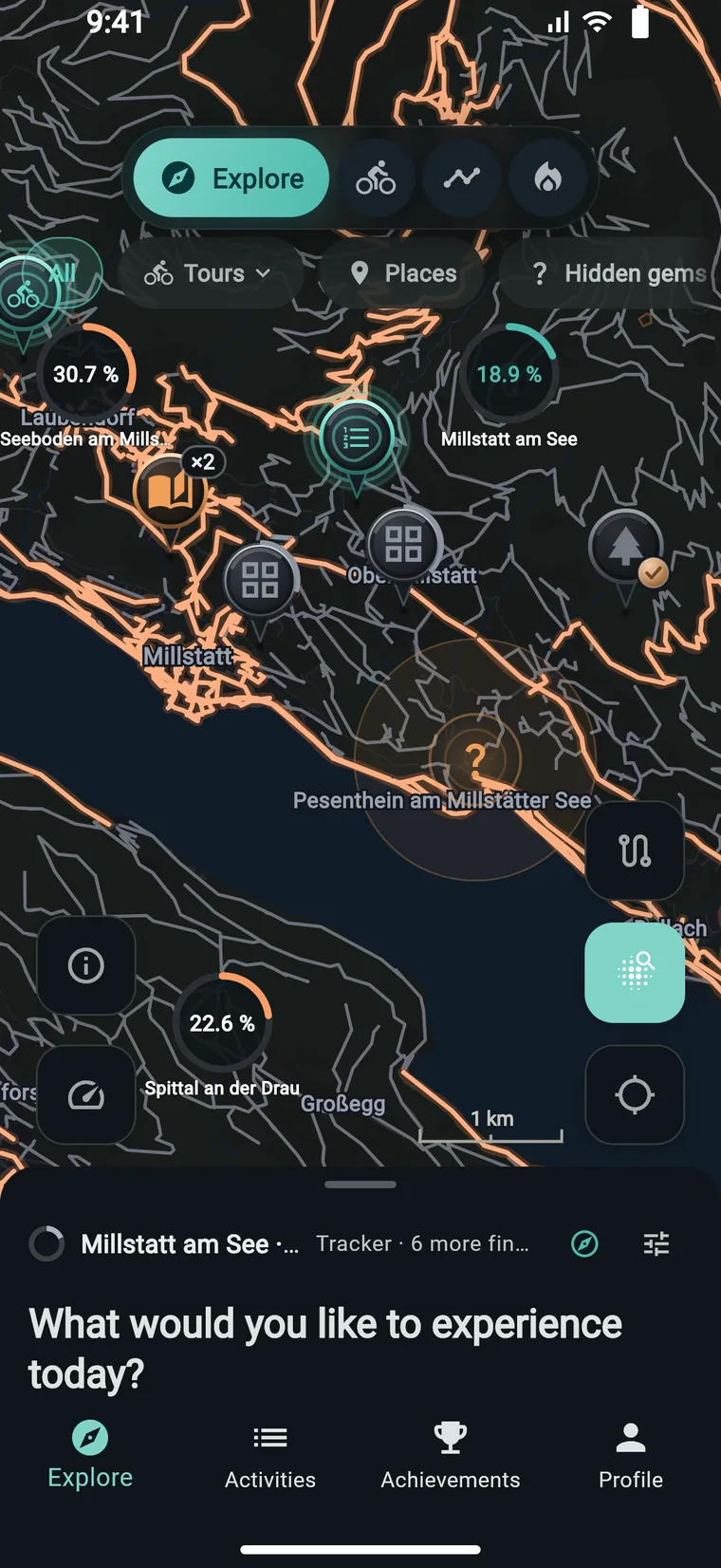 Experioo's street lens: streets you have already walked or ridden glow, new ground nearby stands out, with hidden gems marked on the map.