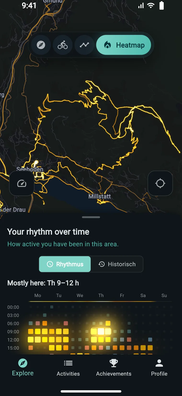 Lifetime heatmap in Experioo: every path you have taken glows across the region, with the rhythm view below showing when you were out.