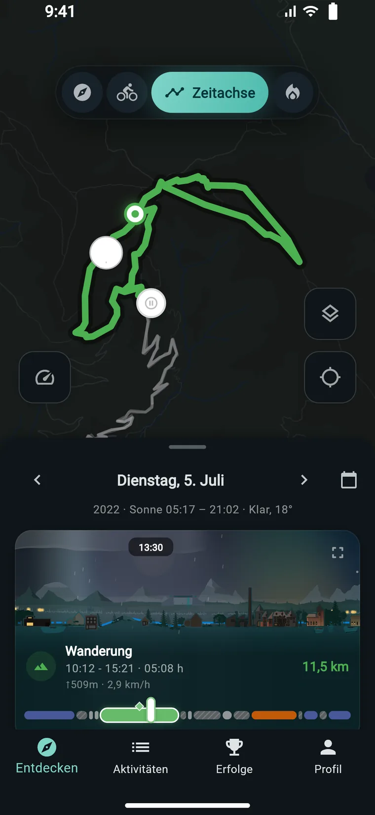 Ein Tag in Experioo: die Wanderung auf der Karte, darunter der Tag als gemalte Szene mit Wetter und einem Regler durch die Stunden.