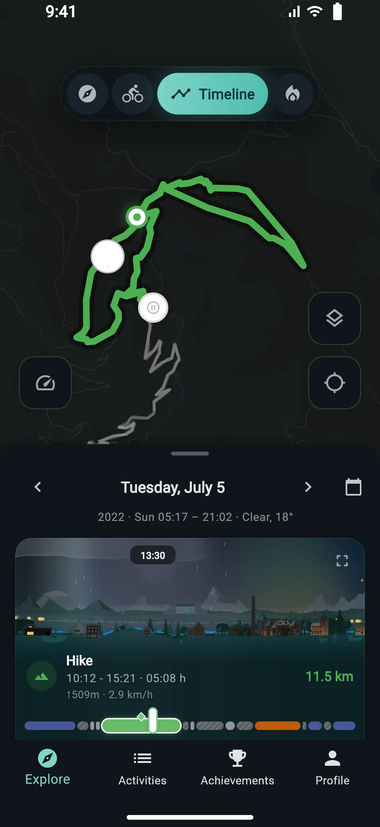 One day in Experioo: the hike on the map, and below it the day as a painted scene with weather and a slider through the hours.