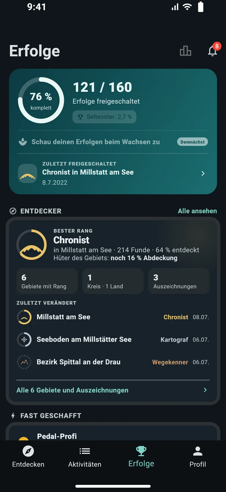 Erfolge in Experioo: freigeschaltete Erfolge, deine Entdecker-Gebiete mit Rang und zuletzt ver&auml;nderte Orte.
