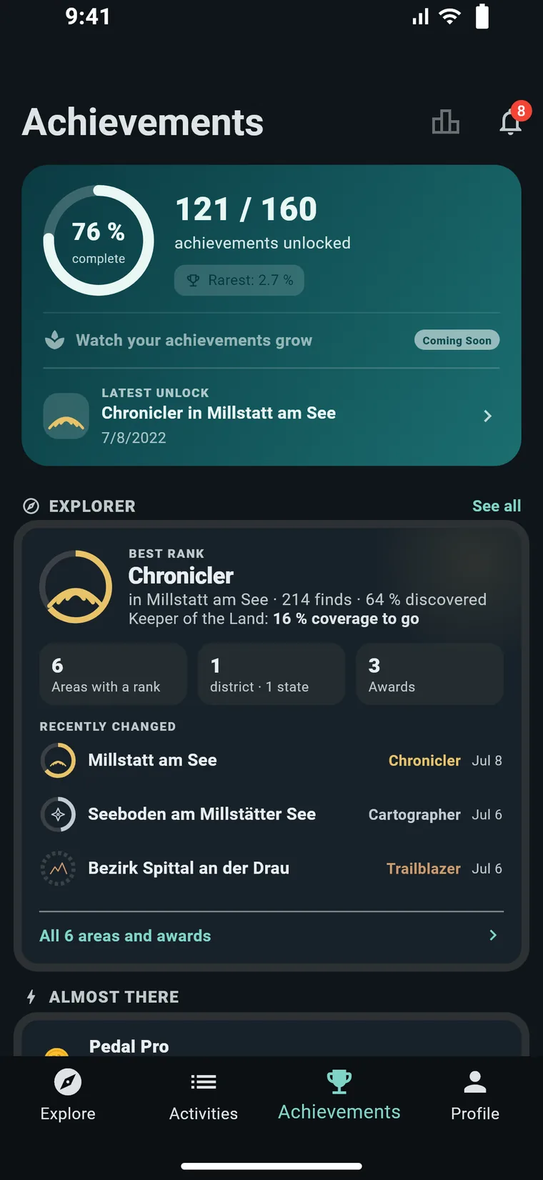 Achievements in Experioo: unlocked achievements, your explorer areas with their rank and recently changed places.